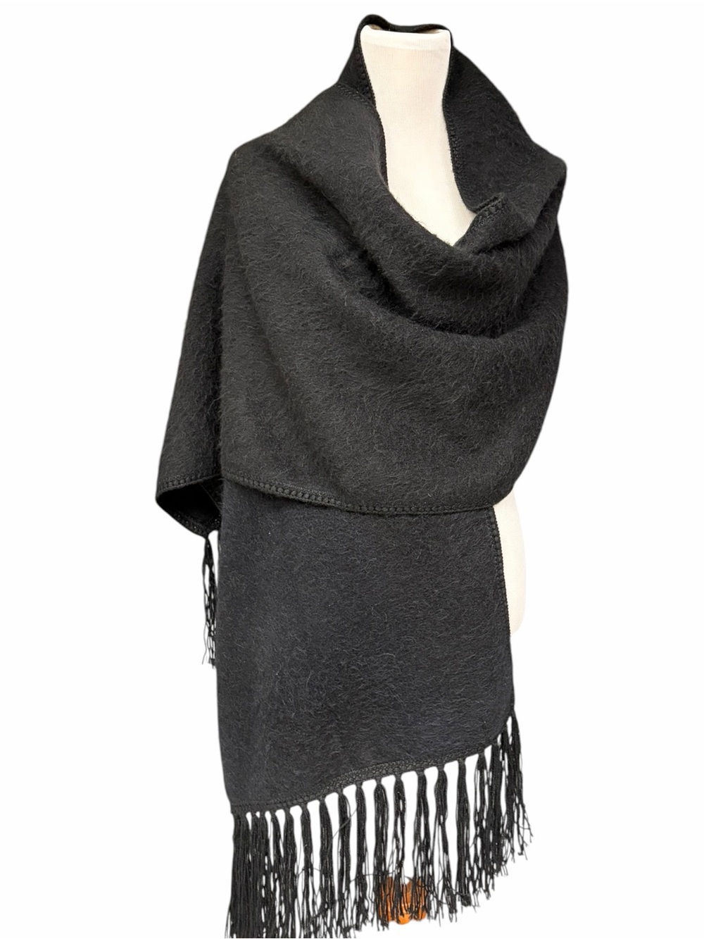 100% Baby Alpaca Black Oversized Shawl Wrap Scarf Fringe, Made in Peru
